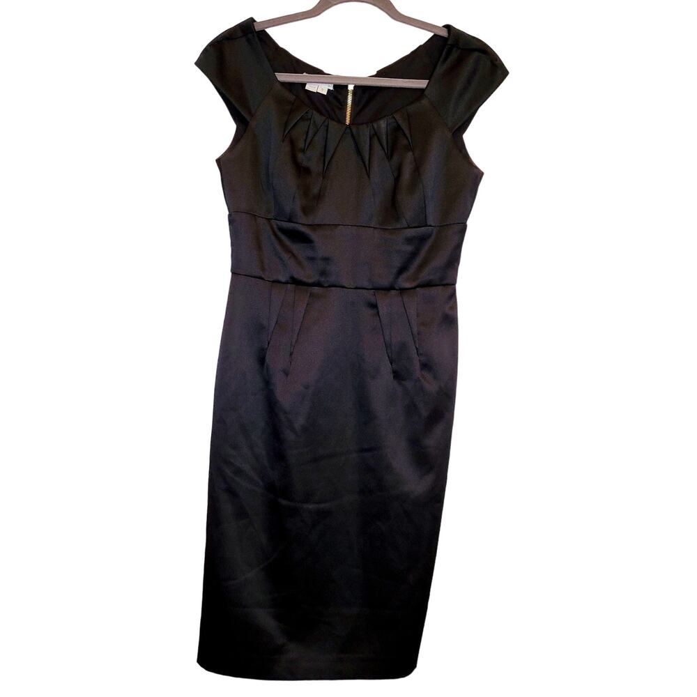 London Times black satin empire waist cap sleeve sheath dress Size 8 Cocktail
